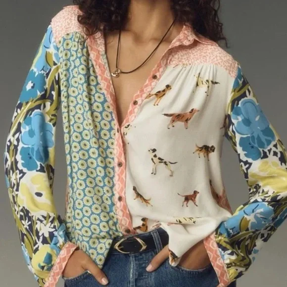 Anthropologie Maeve The Paz Mixed Print Button down Top Dogs - Picture 2 of 15